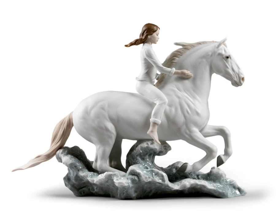 Lladró Porcelain Figurine - Woman Riding Horse on Seashore, Elegant Equestrian Statue